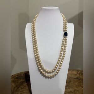 Vintage Double Strand Faux Pearl Necklace with Black Stone Clasp